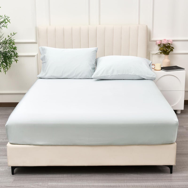 PHF PHF 100% Rayon Derived from Bamboo Cooling Fitted Sheet Twin Size for Hot Sleeper  16"" Deep Pocket  2.5cm Wider Strong Elastic Easy Fit  Breathable Silky Soft  39""x 75""  Ice Blue  No Pillowcase  - Image 1