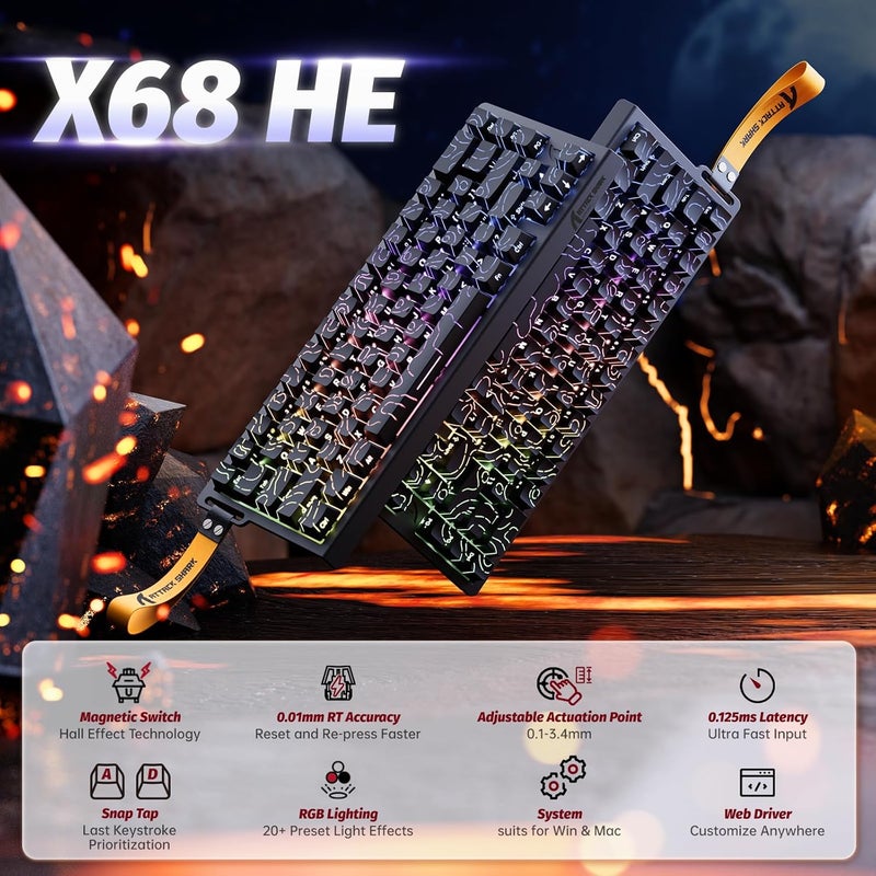 ATTACK SHARK X68 HE 8000Hz Rapid Trigger Keyboard, 0.01mm RT Accuracy Wired Gaming Keyboard with Magnetic Switch, Adjustable Actuation, Rapid Trigger, Snap Tap, RGB Lighting for PC/Mac, Black Contours - Image 2
