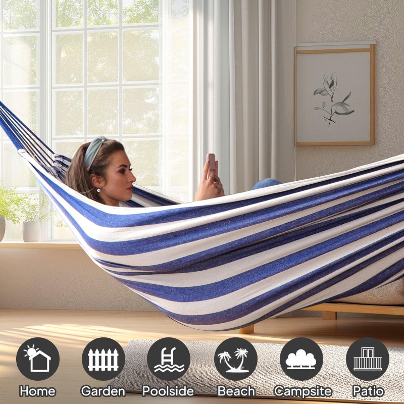 ANYOO Cotton Hammock Portable Camping Hammocks for Hanging Sturdy Garden Comfortable Fabric Hammock with Tree Straps Up to 660lbs with Travel Bag for Camping Outdoor/Indoor Patio Backyard - Image 4