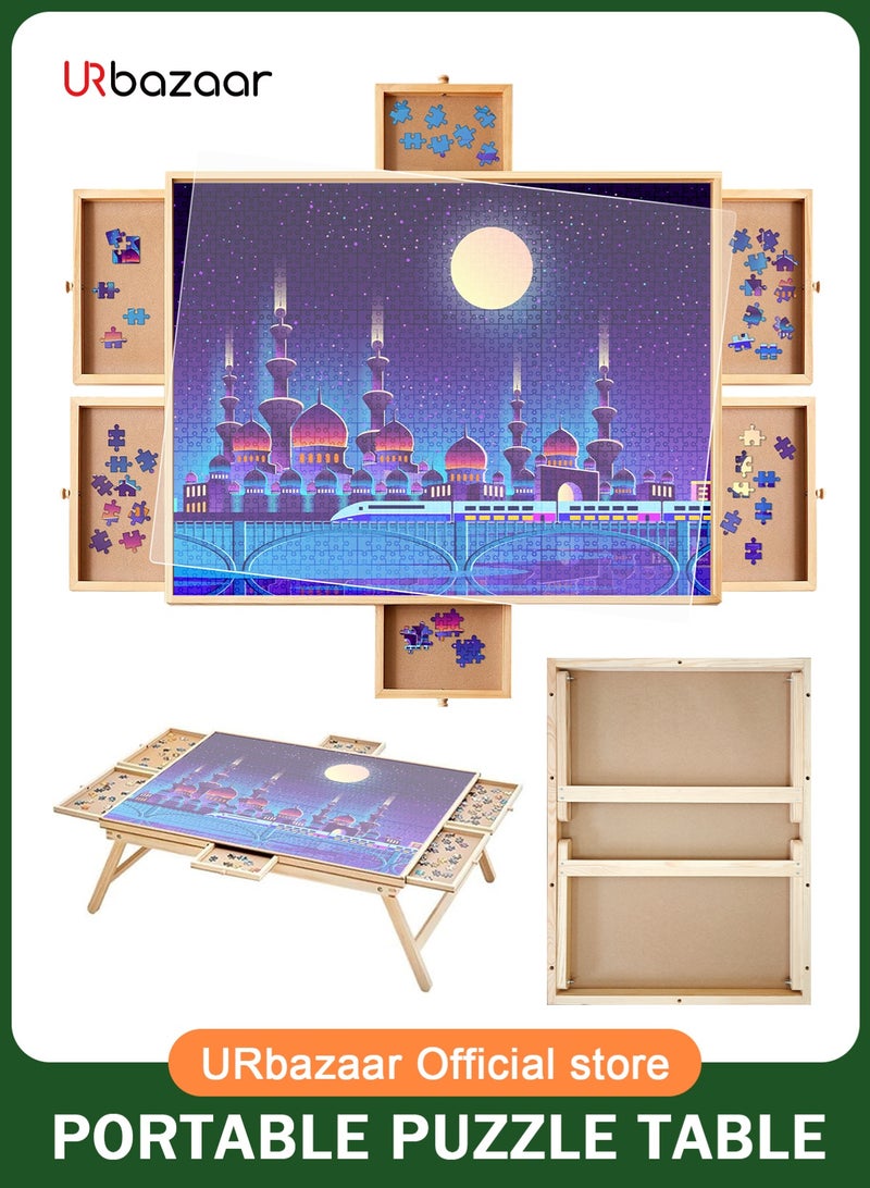 URbazaar 1000 Piece Wooden Jigsaw Puzzle Board, 81cmx61.5cm Portable Puzzle Table Portable Puzzle Table, 6 Drawers, PP Cover, With Table Legs, for Ages 7 and Up - Image 1