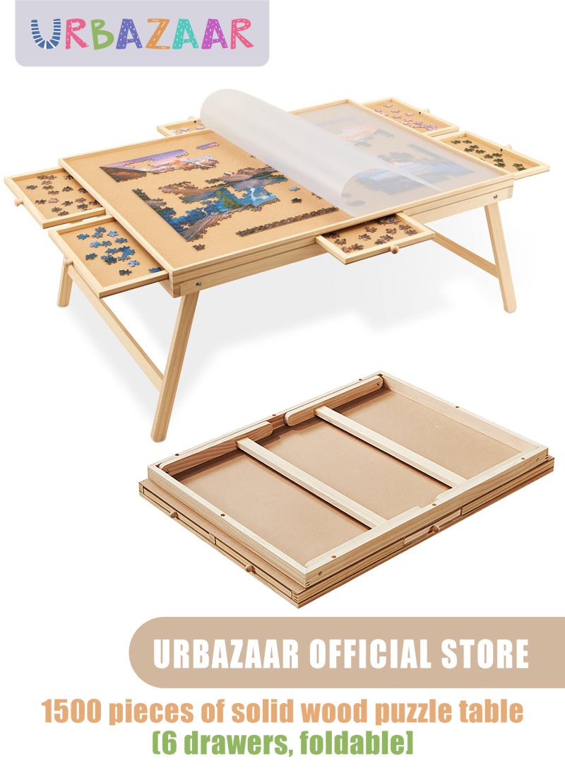 URbazaar 1500 Piece Wooden Jigsaw Puzzle Board, 89cmx68.7cm Portable Puzzle Table Portable Puzzle Table, 6 Drawers, PP Cover, With Table Legs, for Ages 7 and Up - Image 1