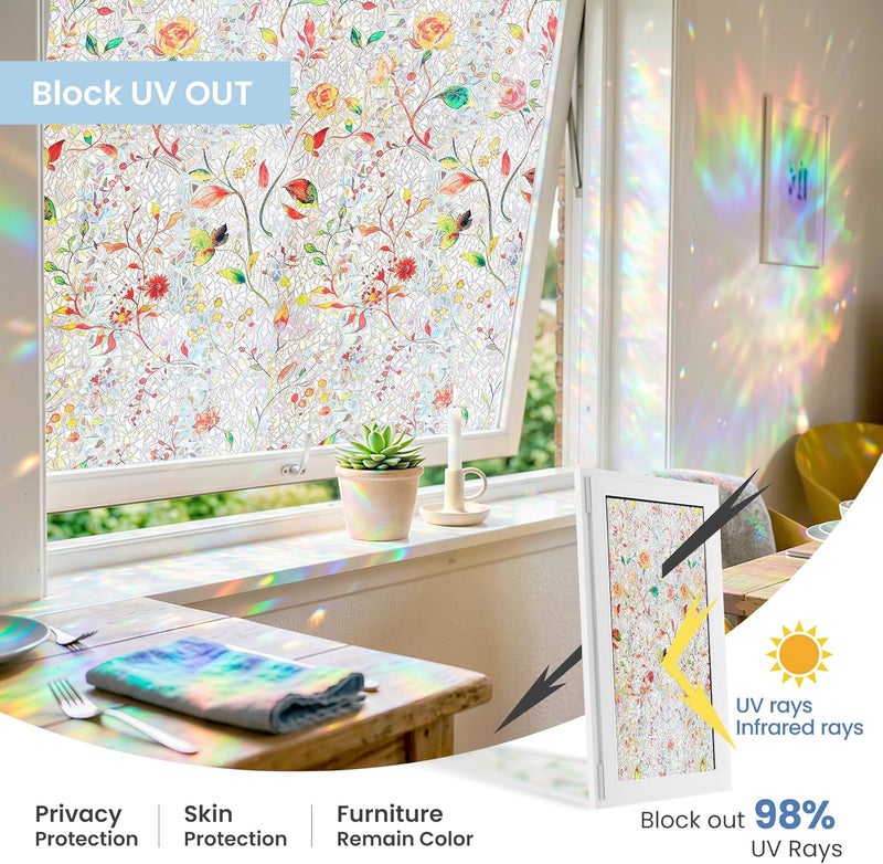 ADD.HERES Window Privacy Film, Stained Glass Decorative Static Cling, Removable Laser Sun Blocking Vinyl Covering, Window Film for Home Kitchen Living Room, Spring Sketch, 17.5" x 78.7" - Image 4