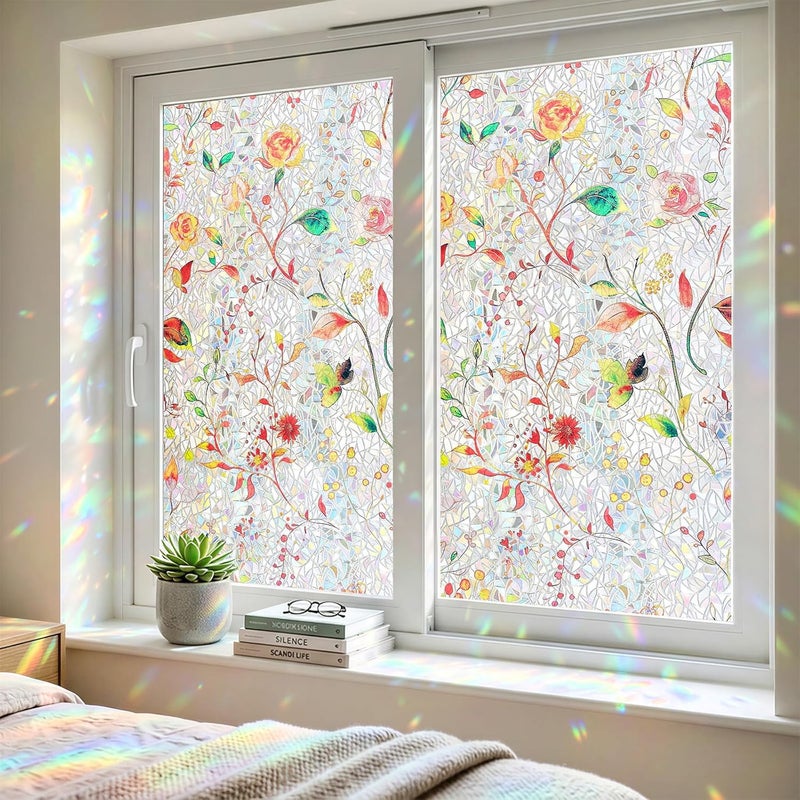 ADD.HERES Window Privacy Film, Stained Glass Decorative Static Cling, Removable Laser Sun Blocking Vinyl Covering, Window Film for Home Kitchen Living Room, Spring Sketch, 17.5" x 78.7" - Image 1