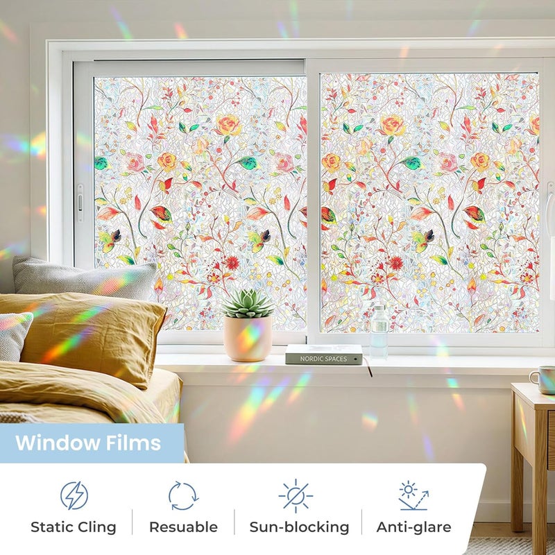 ADD.HERES Window Privacy Film, Stained Glass Decorative Static Cling, Removable Laser Sun Blocking Vinyl Covering, Window Film for Home Kitchen Living Room, Spring Sketch, 17.5" x 78.7" - Image 3