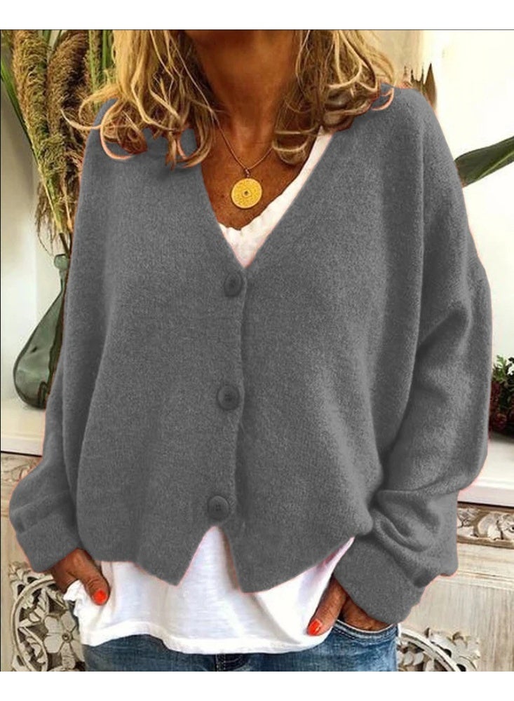 NIBEMINENT Women's Autumn Winter Cardigan Sweater V-neck Solid Color Casual Loose Sweater Knitted Cardigan - Image 1