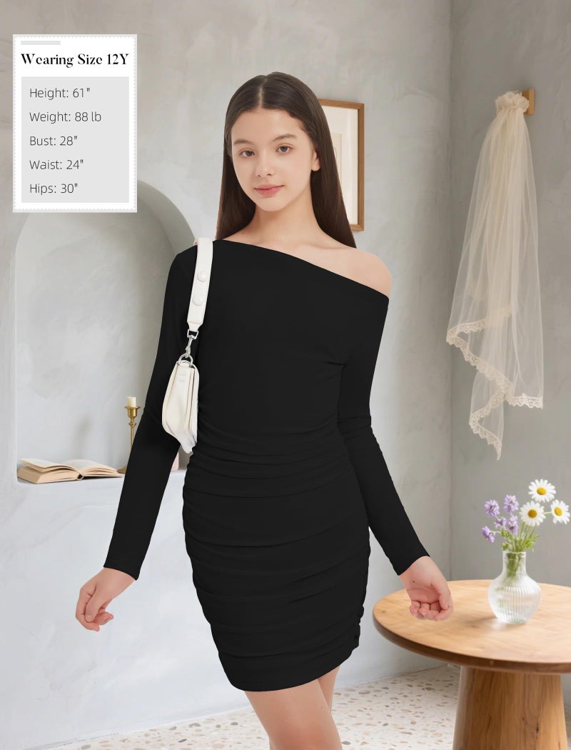 EXARUS Girls Bodycon Dress Ruched Teen Mini Prom Formal Dresses Party Dance Cocktail Ball Homecoming Tween Tight Mesh Long Sleeve One Shoulder Short Cute Fitted Pencil Black 10Y - Image 3