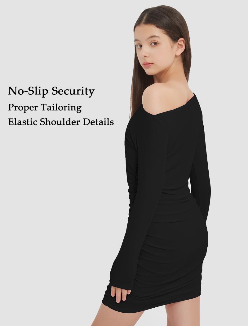 EXARUS Girls Bodycon Dress Ruched Teen Mini Prom Formal Dresses Party Dance Cocktail Ball Homecoming Tween Tight Mesh Long Sleeve One Shoulder Short Cute Fitted Pencil Black 10Y - Image 5