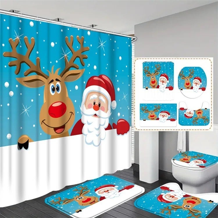 Y&D Christmas Shower Curtain Sets with Quick-Drying Bath Mats Cartoon Design Machine Made for Bathroom - Image 3