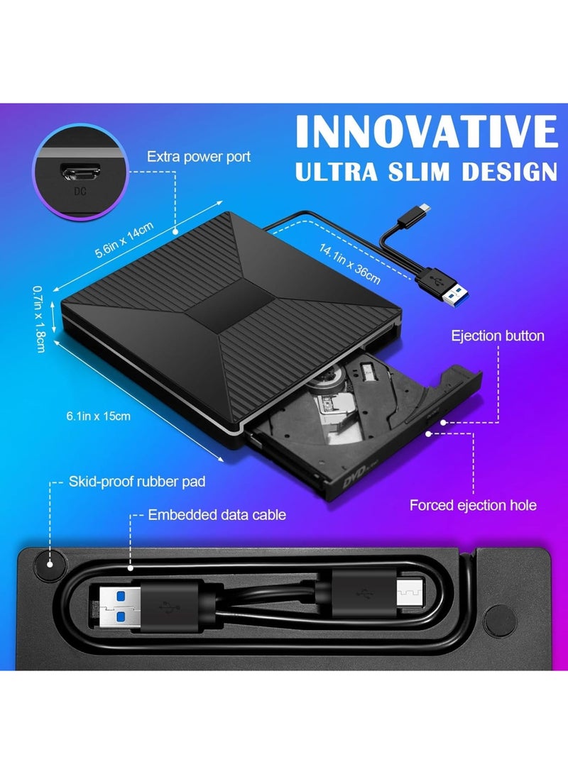 External CD DVD Drive with Ambient Lighting, USB C USB/SD/TF Ports, CD/DVD +/-RW, Optical Disc Burner  Reader for Laptop PC Mac MacBook Air/Pro, Windows 11/10 (Black) - Image 5
