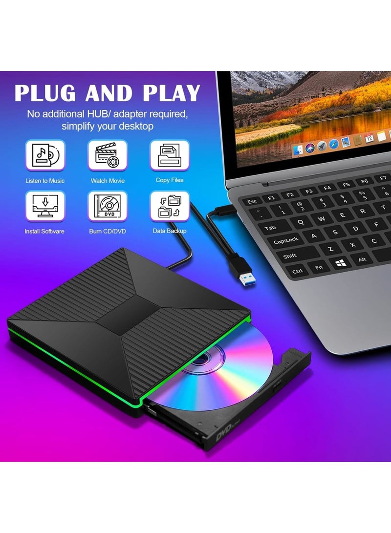 External CD DVD Drive with Ambient Lighting, USB C USB/SD/TF Ports, CD/DVD +/-RW, Optical Disc Burner  Reader for Laptop PC Mac MacBook Air/Pro, Windows 11/10 (Black) - Image 4