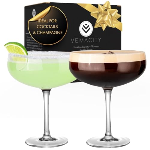 VEMACITY - Elegant Handblown Coupe Cocktail Glasses Set of 2 (10oz) - Crystal Espresso Martini Glasses, Champagne Saucers - Vintage Glassware | Wedding Gift | Ideal for Martinis and Margaritas - Image 1
