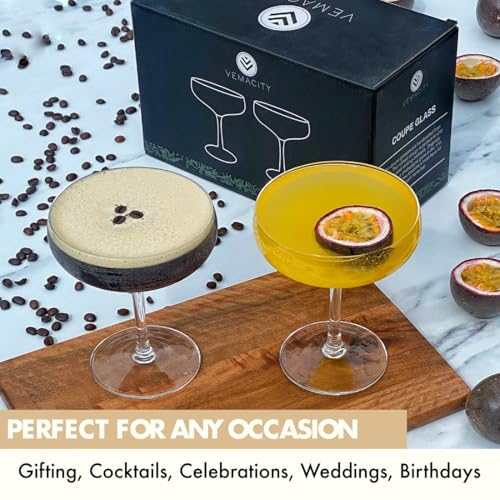 VEMACITY - Elegant Handblown Coupe Cocktail Glasses Set of 2 (10oz) - Crystal Espresso Martini Glasses, Champagne Saucers - Vintage Glassware | Wedding Gift | Ideal for Martinis and Margaritas - Image 5