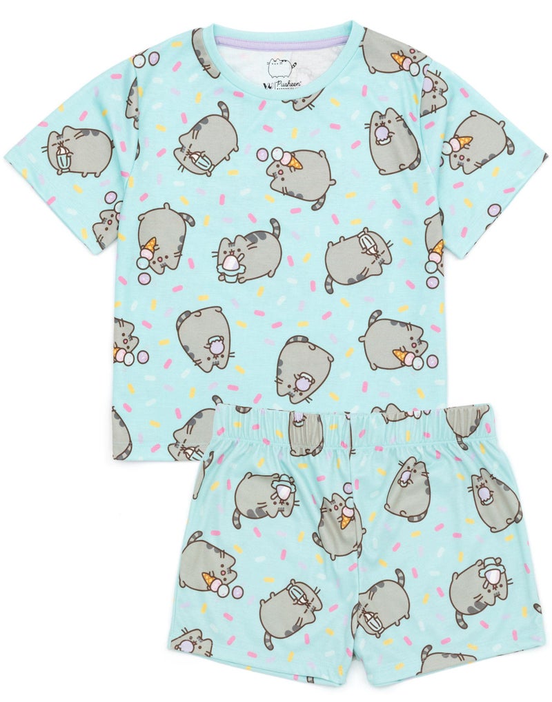 Pusheen Girls Pajama Set | 2 Pack Multicoloured Short Sleeve T-Shirt with Shorts Nightwear PJs For Kids | Pink & Blue Cartoon Cat Pajama | Cute Sleepwear Merchandise Gift for Children & Teens - Image 5