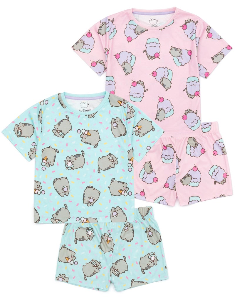 Pusheen Girls Pajama Set | 2 Pack Multicoloured Short Sleeve T-Shirt with Shorts Nightwear PJs For Kids | Pink & Blue Cartoon Cat Pajama | Cute Sleepwear Merchandise Gift for Children & Teens - Image 3