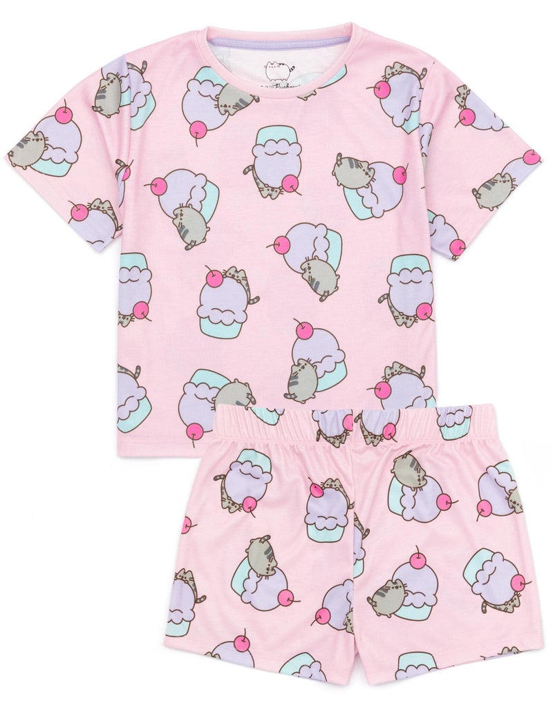 Pusheen Girls Pajama Set | 2 Pack Multicoloured Short Sleeve T-Shirt with Shorts Nightwear PJs For Kids | Pink & Blue Cartoon Cat Pajama | Cute Sleepwear Merchandise Gift for Children & Teens - Image 4