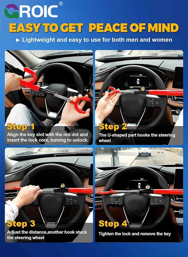 Car Steering Wheel Lock Anti-Theft Device, Steering Wheel Locks for Car SUV Van, Easy Installation, Rubber Protection, Extendable Universal Security Device
