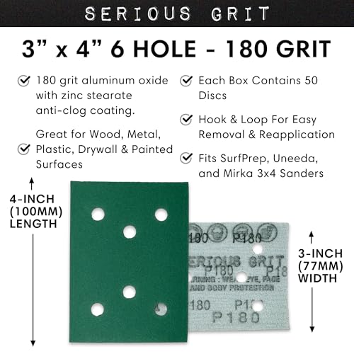 Serious Grit - 3" x 4" 6-Hole 180 Grit Sanding Sheets - Fits Surfprep, Uneeda Ekasand, Mirka DEOS 343 - Heavy-Duty Hook & Loop Film Abrasive Pads - Sandpaper for 3x4 Sheet Sanders - 50 Pack Box - Image 3
