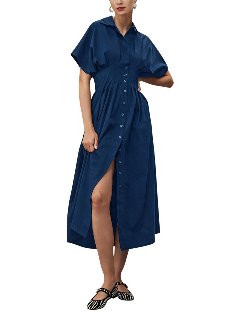 Yeokou Shirt Dress for Women Summer Casual Short Sleeve Button Down Loose Pleated Maxi Sundress with Pockets (Navy-S) - Image 1