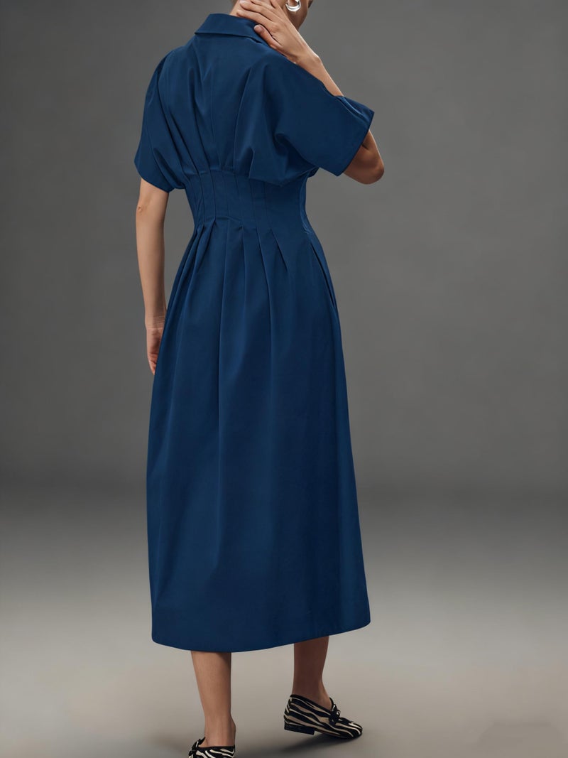 Yeokou Shirt Dress for Women Summer Casual Short Sleeve Button Down Loose Pleated Maxi Sundress with Pockets (Navy-S) - Image 3