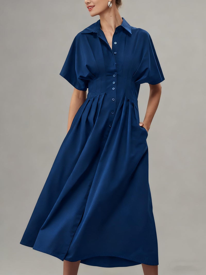 Yeokou Shirt Dress for Women Summer Casual Short Sleeve Button Down Loose Pleated Maxi Sundress with Pockets (Navy-S) - Image 2
