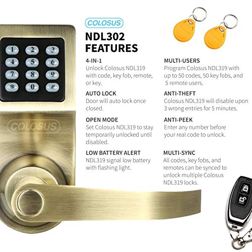 Colosus NDL302 Electronic Digital Keyless Door Lock, Keypad – Smartcode Security, Grant & Control Access for Home, Office (Gold - 4 Key Fobs) - Image 4