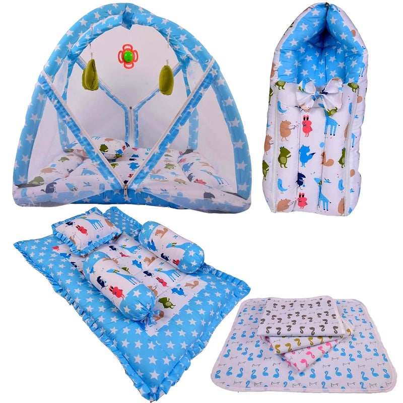 Kwitchy Baby Bedding Set Combo Play Gym Mattress with Net Gaddi Set Nappy Changing Sheets Carry Bag Blue 06 Months 4PCS Set - Image 1