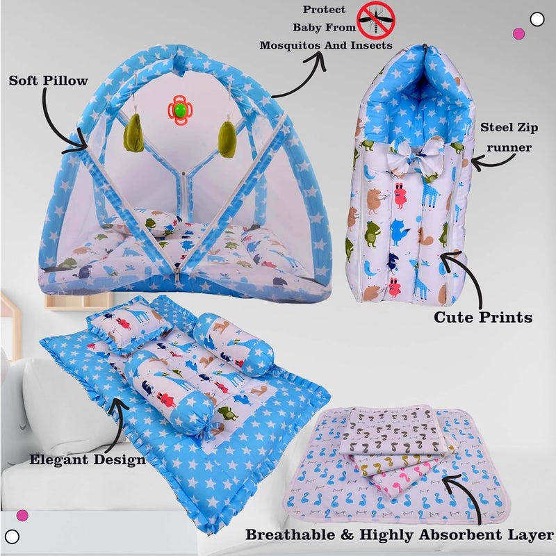 Kwitchy Baby Bedding Set Combo Play Gym Mattress with Net Gaddi Set Nappy Changing Sheets Carry Bag Blue 06 Months 4PCS Set - Image 2