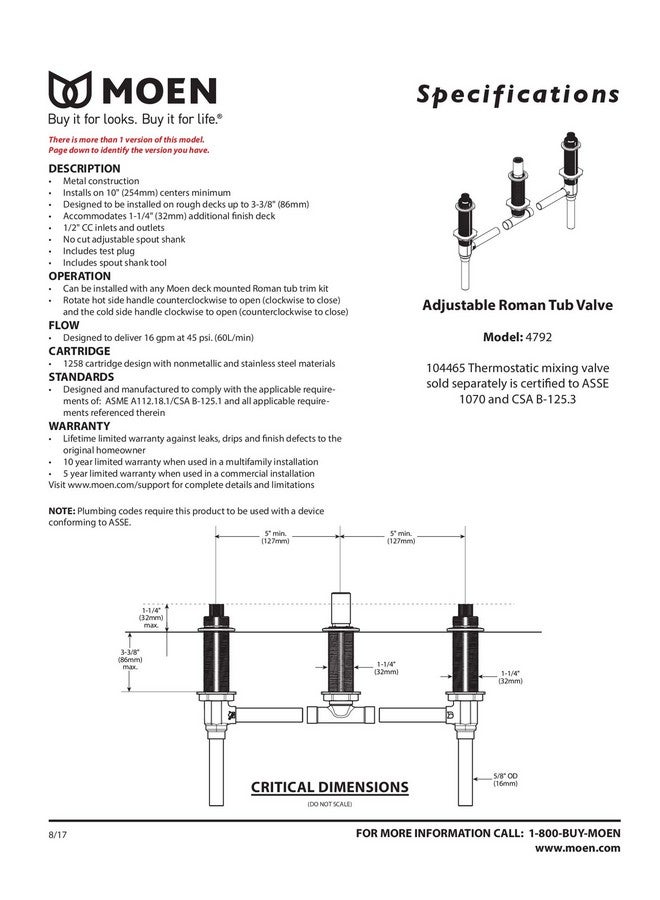 Moen Brass Two Handle 3-Hole Roman Tub Valve Adjustable 1/2-Inch CC Connection, 4792 - Image 1