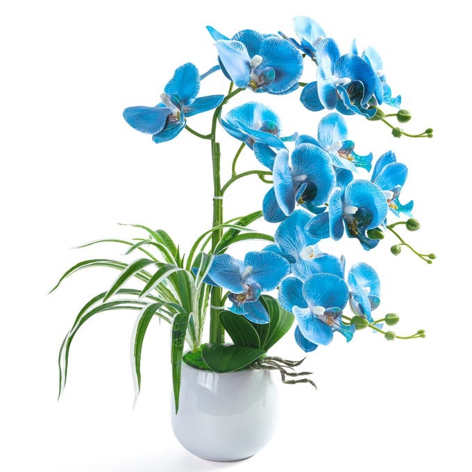 WW Artificial Orchid Plants and Flowers with Vase Fake Faux Orchid in Ceramic Pot19 Blue