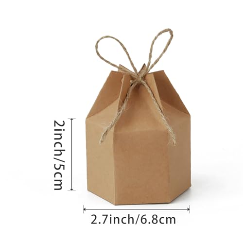 Lamantery 50Pack Mini Paper Gift Boxes Lantern Hexagon Kraft Paper Package Box with Twine Candy Chocolate Gift Packing Wrap for Wedding Party Christmas Brown - Image 2