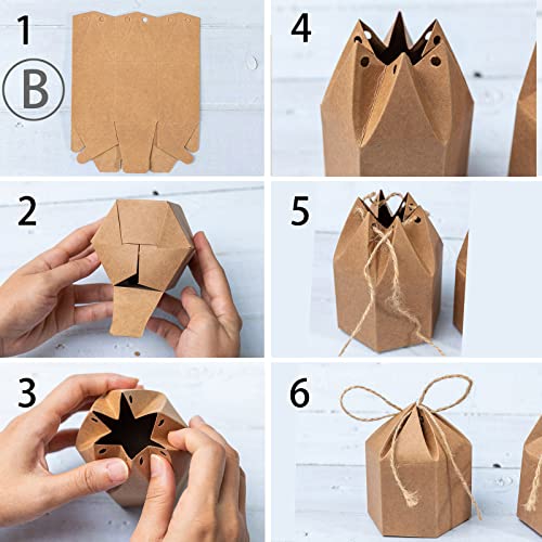 Lamantery 50Pack Mini Paper Gift Boxes Lantern Hexagon Kraft Paper Package Box with Twine Candy Chocolate Gift Packing Wrap for Wedding Party Christmas Brown - Image 4