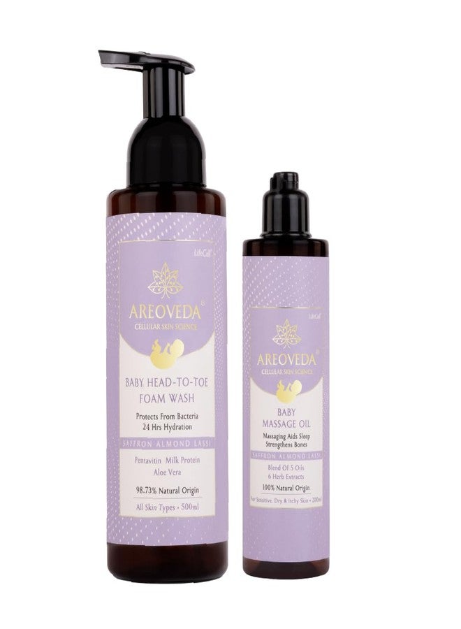 AreoVeda Newborn Bath Essentials With Baby Body Foam Wash (500ml) & Massage Oil (200ml) | Blend of 5 Oils, A2Ghee & 6 Herb Extracts | 24 Hrs Hydration | Massaging Strengthens Bones & Improves Sleep - Image 1