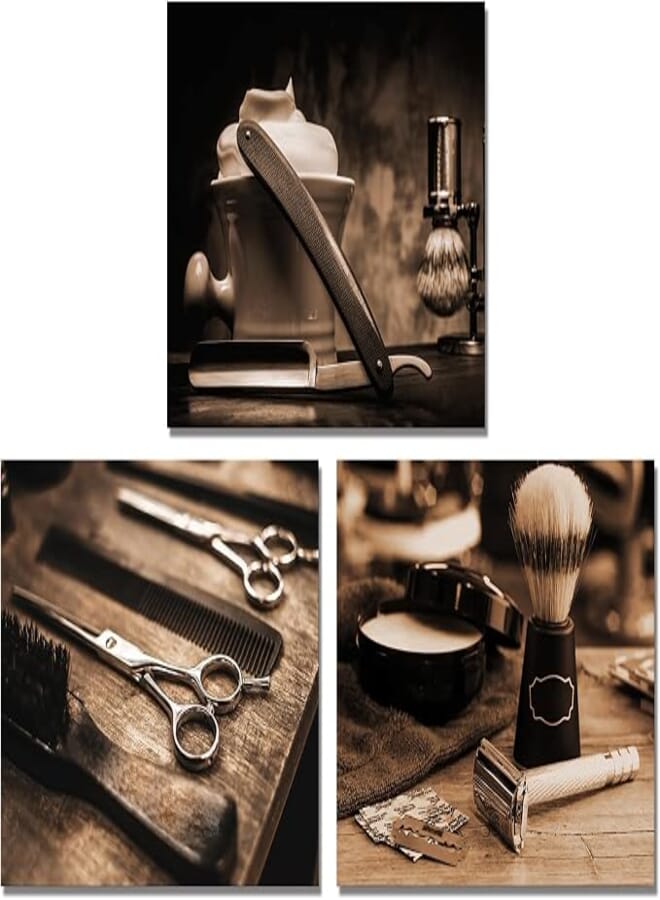Derkymo Vintage Barber Shop Framed Wall Art Barber Scissors Painting Canvas Prints Hairdresser Haircut Tools Pictures Artwork for Gallery Wrap Salon Decorative 12"x16"x3 Pieces