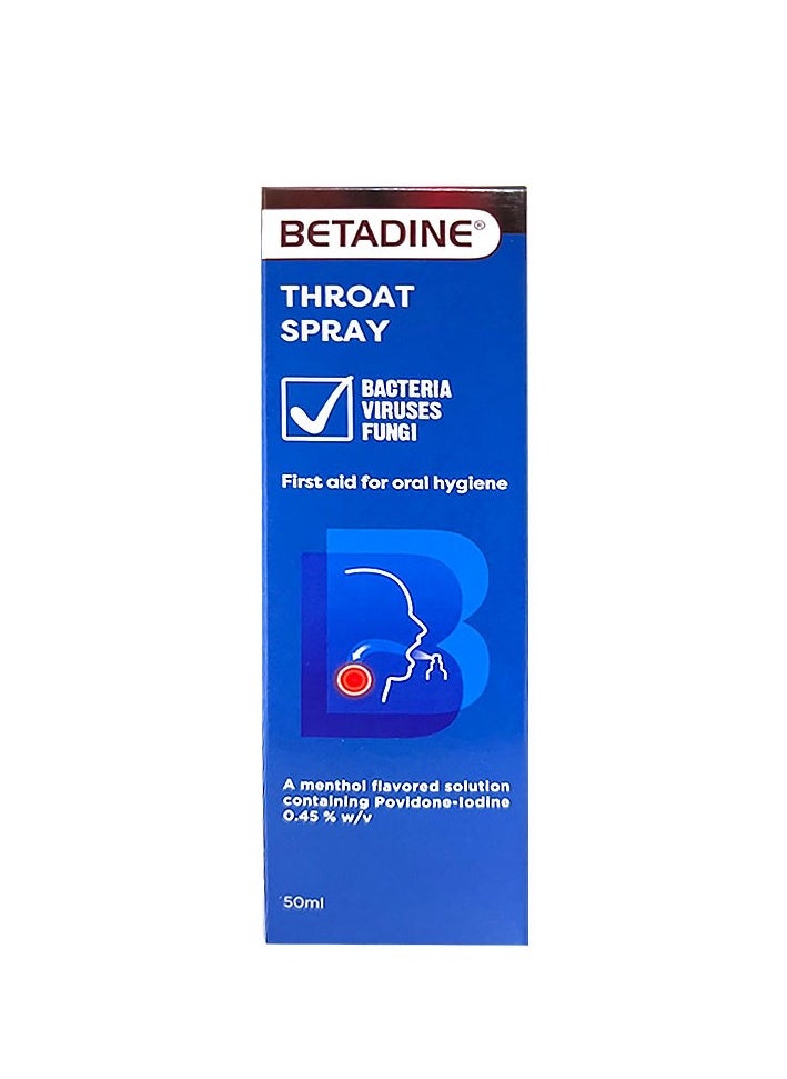 BETADINE Throat Spray for Sore Throat and Mouth Ulcer Viruses Bacteria and Fungi Protection 50ml 