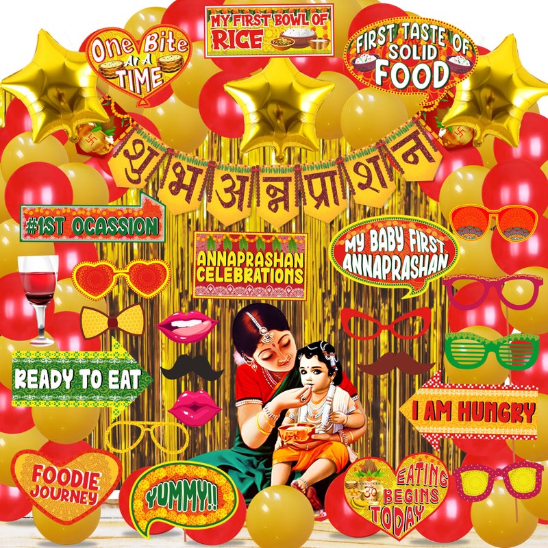 Wobbox Shubh Annaprashan Decoration Items Set which Includes Baby annaprashan Ceremony Props, Subh Annaprashan Banner, Rice Ceremony Decorations Items(62 Pcs Set)(FP5740) - Image 1