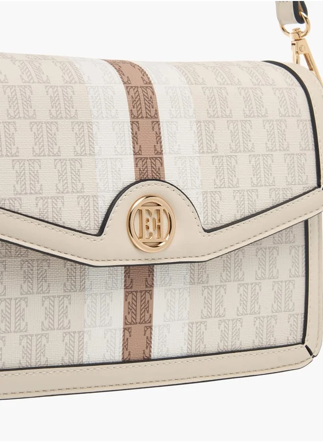 ELLE Womens Monogram Print Crossbody Bag With Button Closure And Adjustable Strap