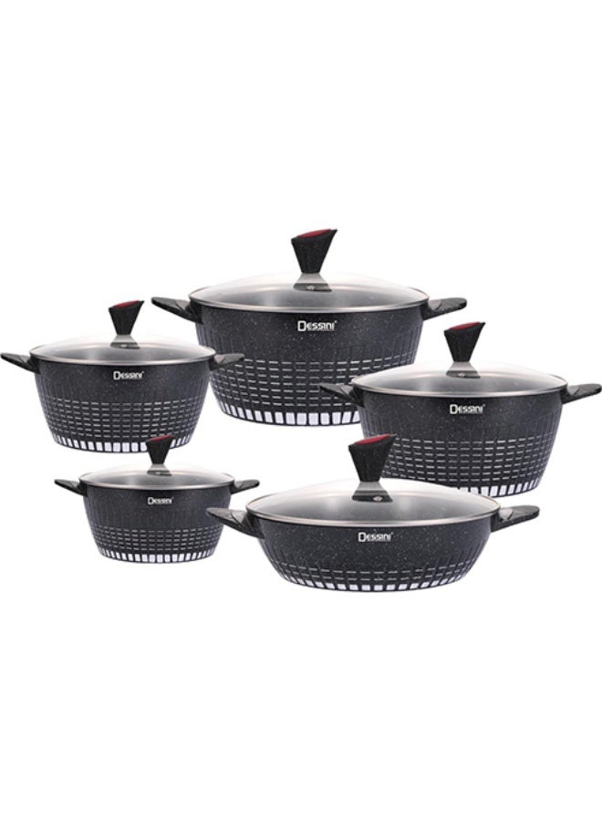 DESSINI 17-Piece Non Stick Granite Cookware Set 20/24/28/32Cm Casserole, 28Cm Shallow Casserole 310 Black - Pfoa Free