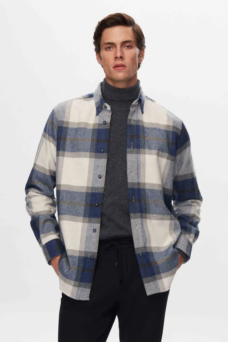 D'S DAMAT D'S Groom Ds Groom Comfort Navy Blue Plaid Shirt