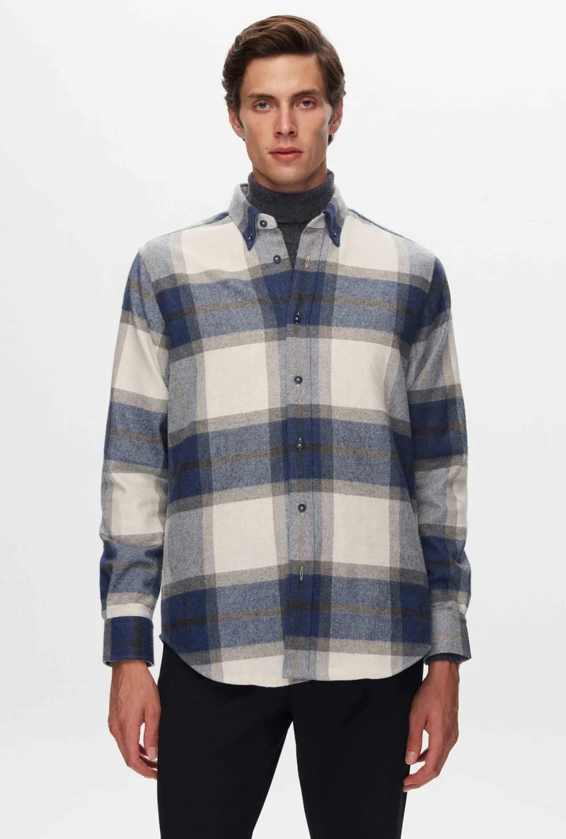 D'S DAMAT D'S Groom Ds Groom Comfort Navy Blue Plaid Shirt