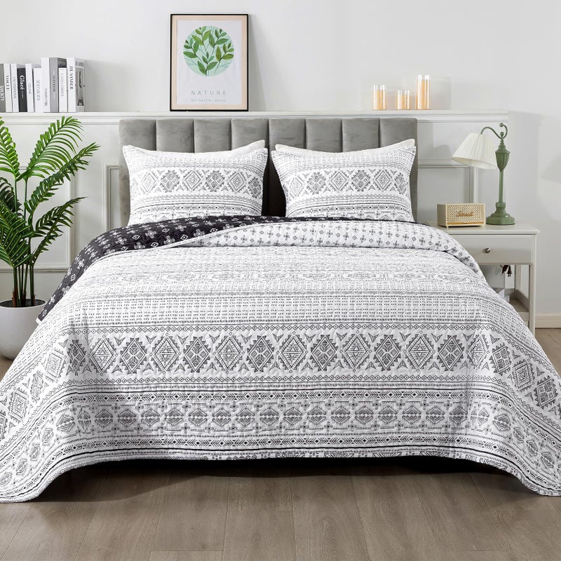 Andency Black White King Size Quilt Set 3 Pieces Boho Lightweight Soft Striped Bedspread for All Season 106x96 Printed Bohemian Microfiber Reversible Coverlet Comforter Sets