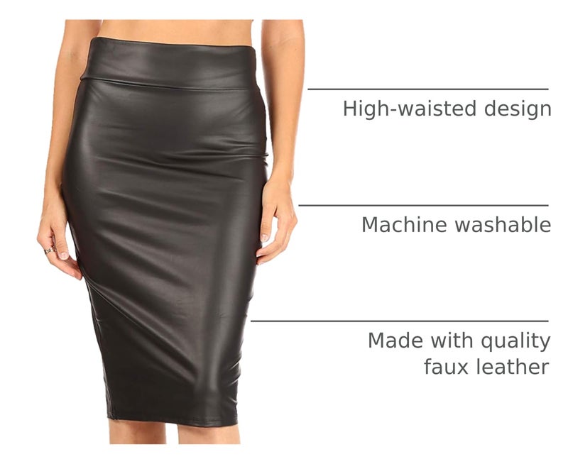 Simlu Faux Leather Pencil Skirt Below Knee Length Skirt Midi Bodycon Skirt Womens, USA Black XXX-Large - Image 4
