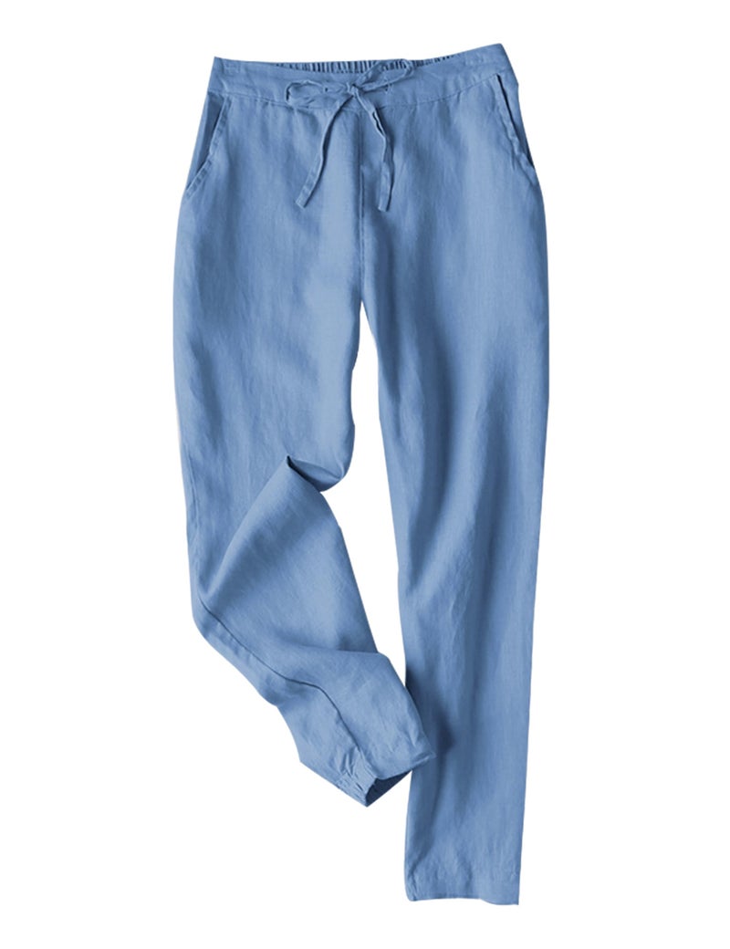 Tanming Linen Pants for Women Summer Casual High Waisted Drawstring White Beach Pant(Blue-L) - Image 1