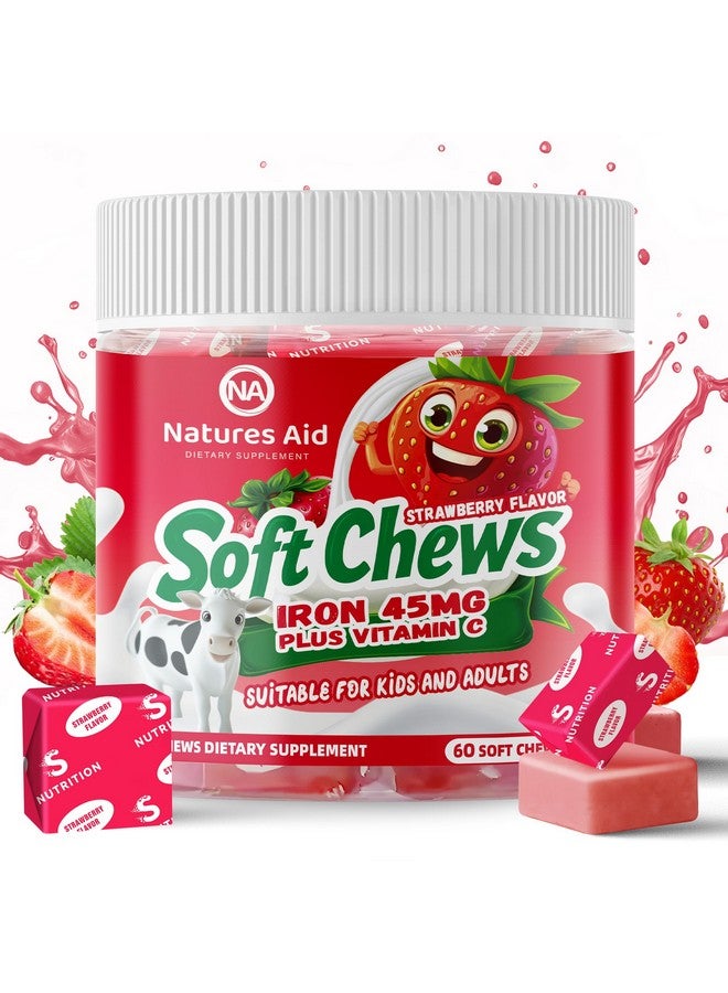 Natures Aid Chewable Iron Supplement for Women & Men and Kids - Strawberry Flavor, Iron Vitamin C Soft Chew for Max Absorption, Iron as Ferrous Fumarate, Ideal for Iron Deficiency, 2 Month Supply - Image 1