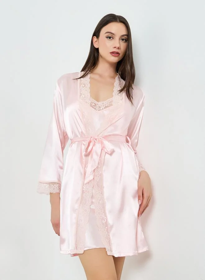 Styli Pack of 2 - Satin V Neck Lace Detail Slip Dress and Robe Set