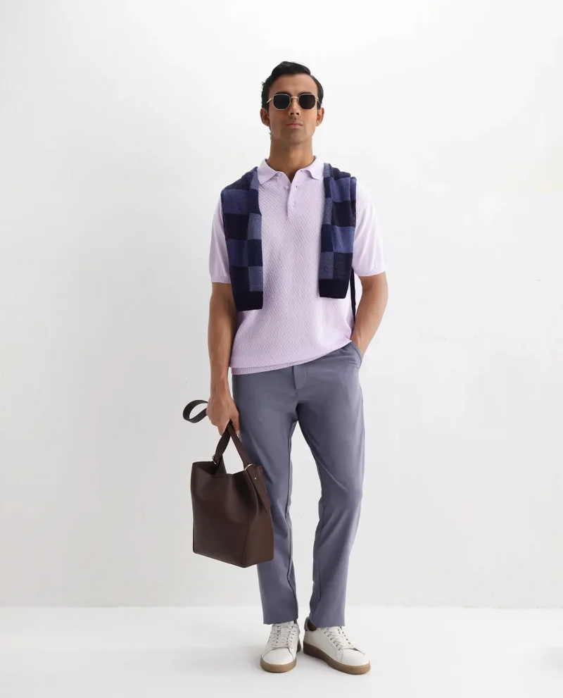 رير رابِت Rare Rabbit Men Xas Pastel Purple Cotton Fabric Short Sleeve Regular Collared Cable Knit Plain Polo T-Shirt