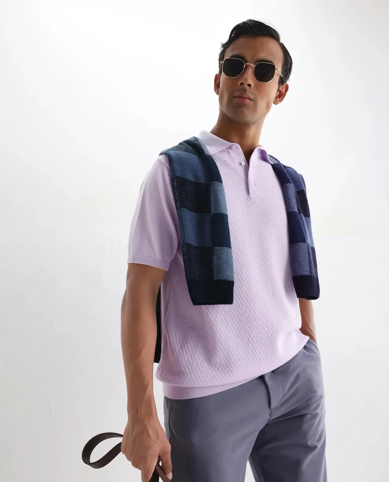 رير رابِت Rare Rabbit Men Xas Pastel Purple Cotton Fabric Short Sleeve Regular Collared Cable Knit Plain Polo T-Shirt