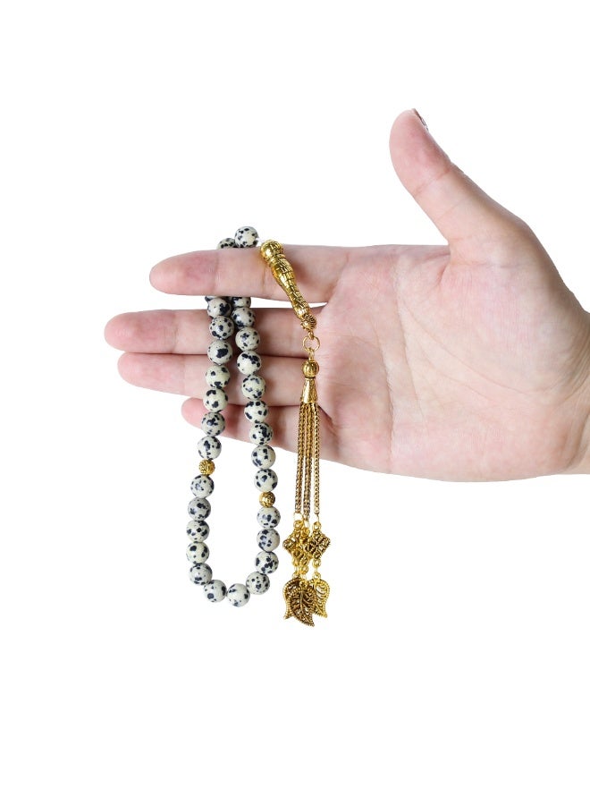Fabienne Prayer Beads 33 Natural Stone Dalmatian Jasper Tasbih 8mm with Gift Box and Metallic Tassel Ideal for Gift Ramadan Hajj Umrah Eid White/Black - Image 4