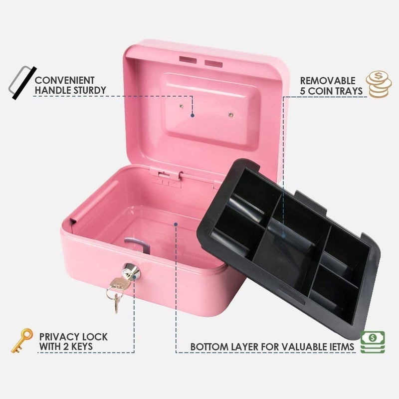 xydled Locking Steel Medium Cash Box with Removable Coin Tray and Key Lock,7.87"x 6.30"x 3.54",Pink - Image 2
