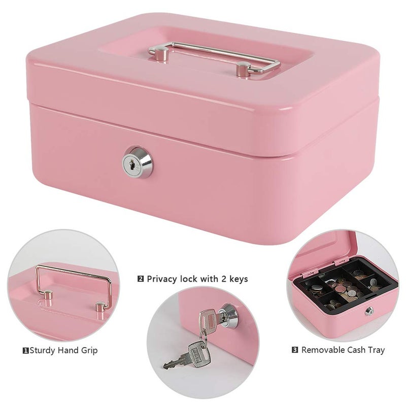 xydled Locking Steel Medium Cash Box with Removable Coin Tray and Key Lock,7.87"x 6.30"x 3.54",Pink - Image 4