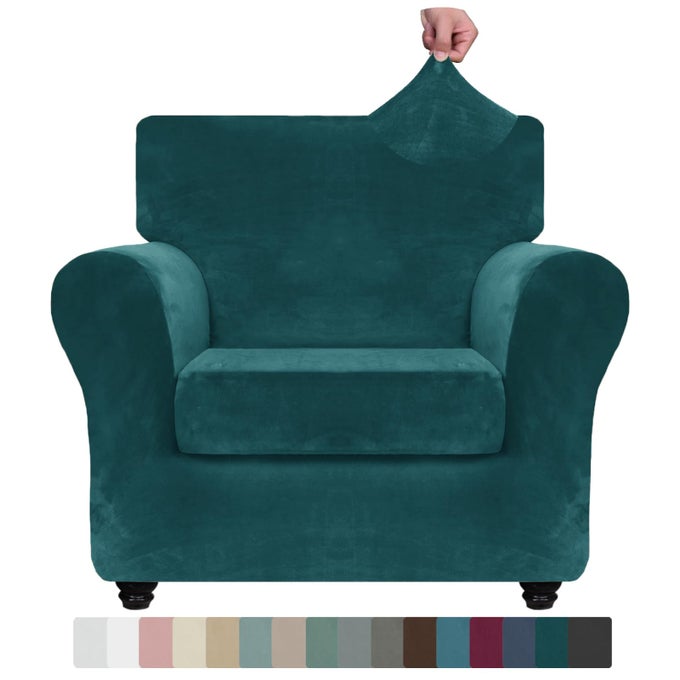LUXURY VELVET CHAIR SLIPCOVERS WITH ARMS 2 PIECE STRETCH CHAIR COVERS FOR LIVING ROOM SOFT ARMCHAIR SLIPCOVER ANTI SLIP DOG PET FRIENDLY FURNITURE PROTECTOR DEEP TEAL30471 CUSHION